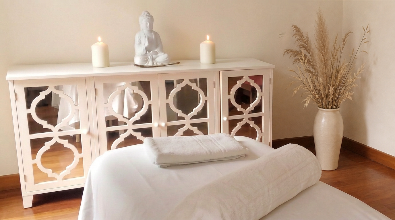 Rocío's real treatment room: massage table with fresh linens, white mirrored cabinet, Buddha statue flanked by two white candles and a tall cream vase with dried reeds